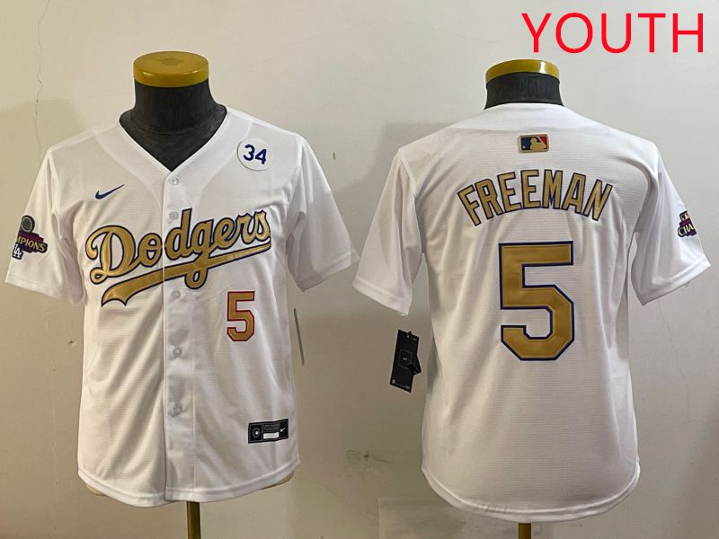Youth Los Angeles Dodgers #5 Freeman White Champion gold character 2025 Nike MLB Jersey style 4